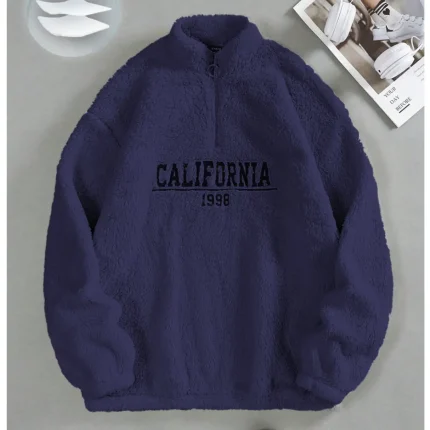 Navy Blue California Sherpa Drop Shoulder Sweatshirt